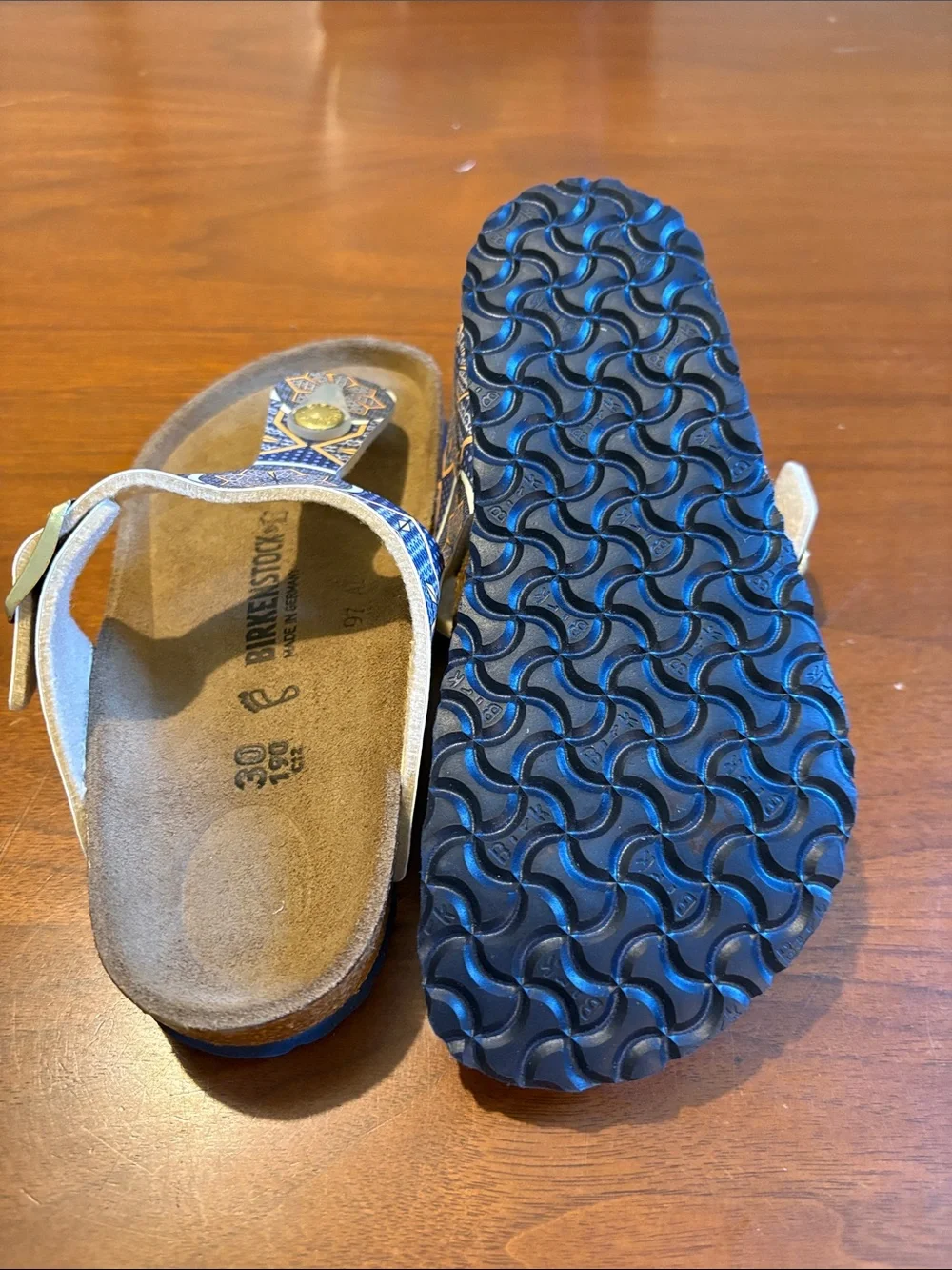 Birkenstock Blue and Tan Patterned Thong Sandals for Women